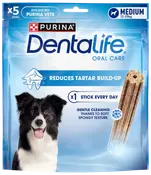 Purina Dentalife Oral Care tuggpinnar för hund, medium (12-25 kg), 5 st. Minskar tandsten, mjuk svampig textur, daglig tandvård.