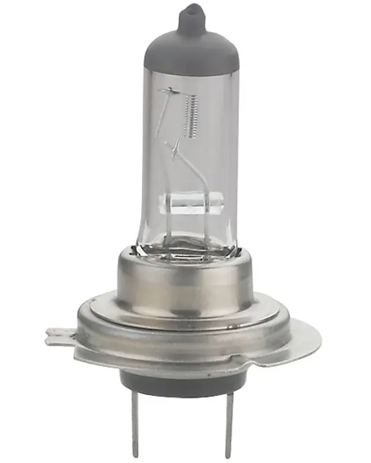 Klar halogen forlygtepære med metalbund og to ben. Cylindrisk glashus med synlig glødetråd, egnet til biler. Standardstørrelse for nem udskiftning i kompatible køretøjer.