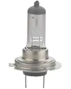 Klar halogenstrålkastarlampa med metallbas och två stift. Cylindrisk glashölje med synlig glödtråd, passar bilar. Standardstorlek för enkel ersättning i kompatibla fordon.