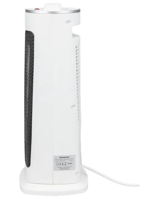 Hvid tårnvarmer med sort netfront, lodret design, kontrolpanel på toppen og ledning i bunden. Velegnet til små rum eller kontorer. Kompakt og moderne udseende.