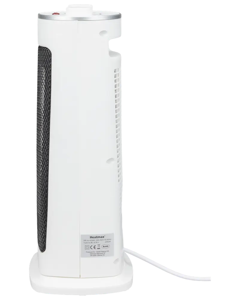 Vit tornvärmare med svart nätfront, vertikal design, kontrollpanel upptill och sladd vid basen. Passar små rum eller kontor. Kompakt och modern stil.