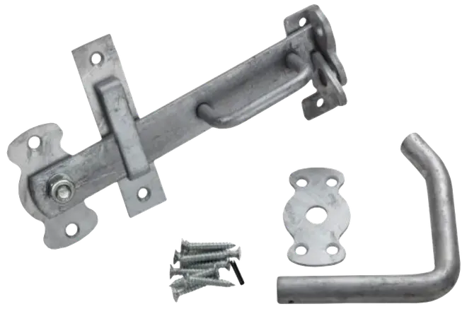Galvaniserat stålgrindlås med monteringsplattor, skruvar och böjt handtag. Hållbar, rostfri hårdvara för utomhusgrindar och staket. Alla installationsdelar ingår.
