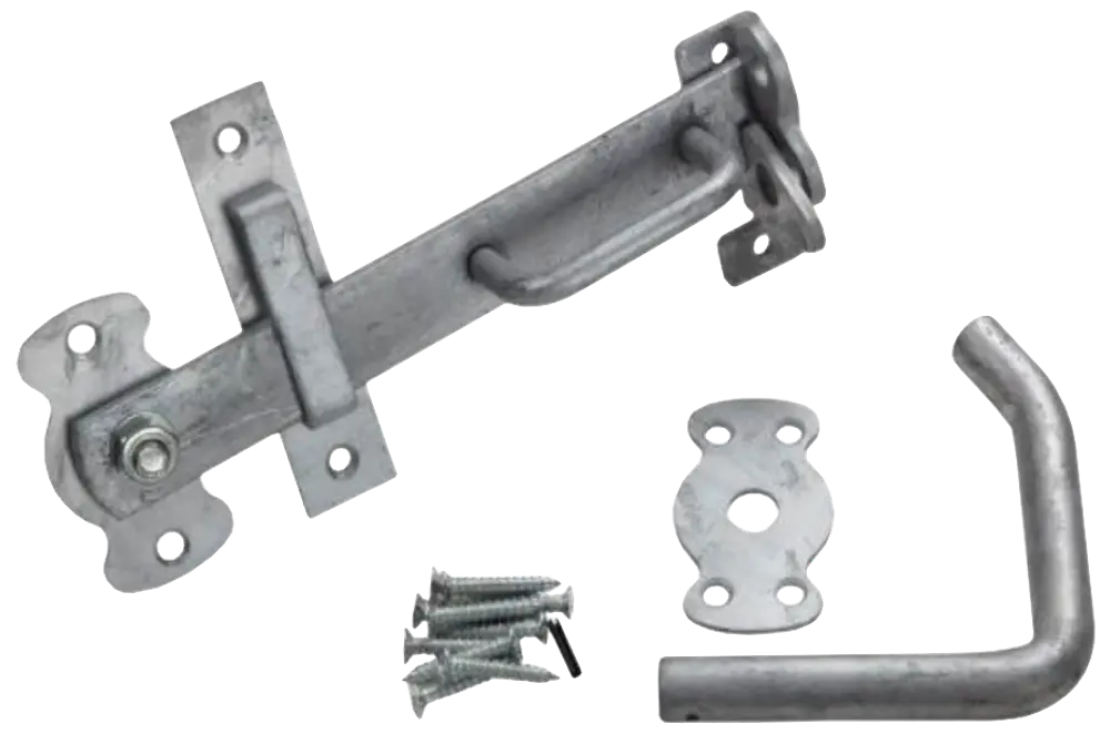 Galvaniseret stål låsesæt til port med monteringsplader, skruer og buet håndtag. Holdbart, rustfrit beslag til udendørs porte og hegn. Alt installationsudstyr medfølger.