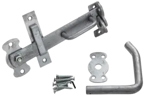 Galvaniseret stål låsesæt til port med monteringsplader, skruer og buet håndtag. Holdbart, rustfrit beslag til udendørs porte og hegn. Alt installationsudstyr medfølger.