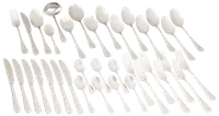 Bestiksæt i rustfrit stål med knive, gafler, skeer og teskeer. Indeholder flere af hver type, ideelt til store selskaber. Enkelt, moderne design med blank finish.