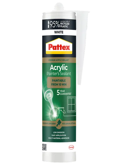 Pattex hvid akrylfugemasse til malerarbejde i patron, lavet af 95% genbrugsplast, overmalbar efter 10 minutter, med lav emission og god vedhæftning.
