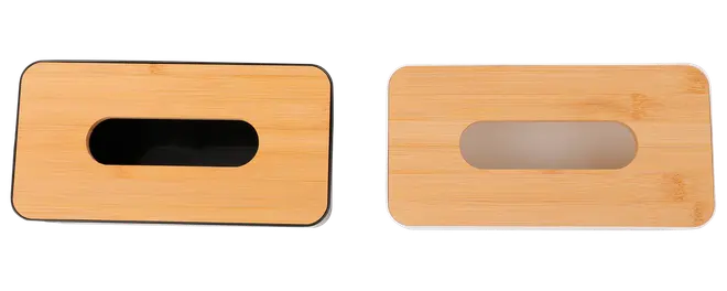 Rektangulære bambusservietbokse med afrundede hjørner og ovalt åbning på toppen. Glat, naturlig træfinish. Passer til standard servietbokse.