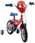 Barncykel i rött och blått med Spider-Man-motiv, stödhjul, vadderad sadel och stor Spider-Man-mask på styret. Passar barn som lär sig cykla.