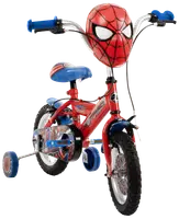 Barncykel i rött och blått med Spider-Man-motiv, stödhjul, vadderad sadel och stor Spider-Man-mask på styret. Passar barn som lär sig cykla.