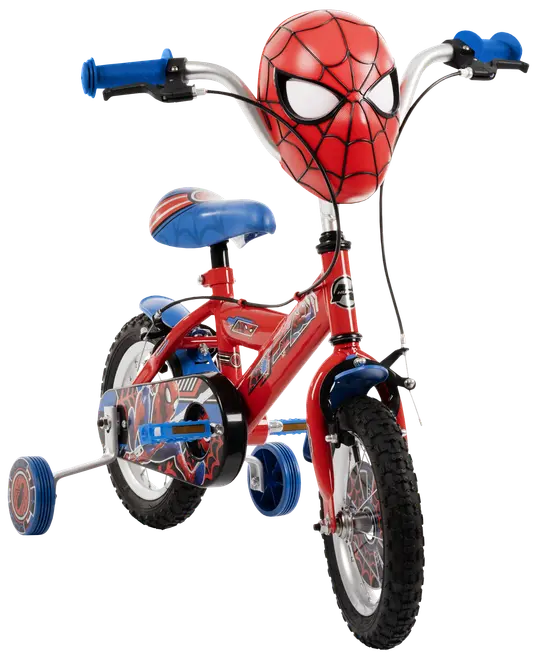 Barncykel i rött och blått med Spider-Man-motiv, stödhjul, vadderad sadel och stor Spider-Man-mask på styret. Passar barn som lär sig cykla.