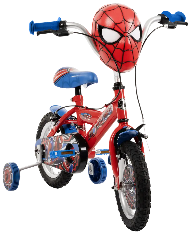 Barncykel i rött och blått med Spider-Man-motiv, stödhjul, vadderad sadel och stor Spider-Man-mask på styret. Passar barn som lär sig cykla.