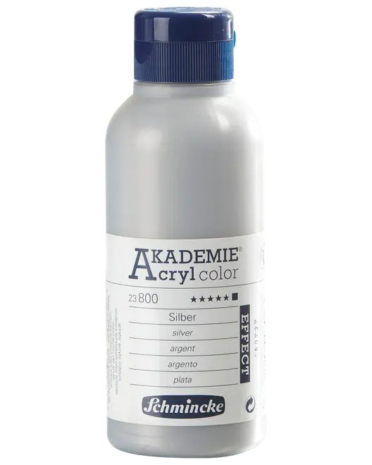 500 ml flaska Schmincke Akademie akrylfärg i silver, med blått skruvlock och flerspråkig etikett som anger effektakrylfärg för konstnärer.