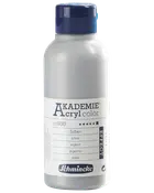 500 ml flaska Schmincke Akademie akrylfärg i silver, med blått skruvlock och flerspråkig etikett som anger effektakrylfärg för konstnärer.