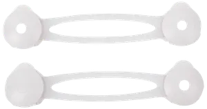 Två vita barnsäkra lås i plast med självhäftande ändar, avsedda för att säkra skåp eller lådor. Flexibel rem förbinder två runda fästytor.