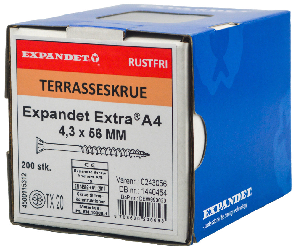 EXPANDET Rustfri A4 skrue 4,3 x 56 mm 200 stk.