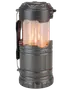 Kompakt, cylindrisk LED campinglanterne med mørkegrå metalfinish, klart midterstykke med varm flamme-lignende lys og foldbart håndtag til nem transport eller ophængning.