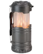 Kompakt, cylindrisk LED campinglanterne med mørkegrå metalfinish, klart midterstykke med varm flamme-lignende lys og foldbart håndtag til nem transport eller ophængning.