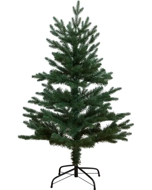 Kunstigt juletræ med realistiske grønne grene, spredt løv og solidt sort metalstativ. Velegnet til indendørs julepynt. Ingen lys eller pynt medfølger.