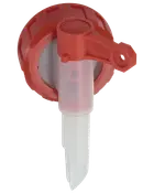 Röd plastkran med skruvlock och pip, avsedd för att tappa vätska från stora behållare. Utrustad med spak för enkel öppning och stängning.