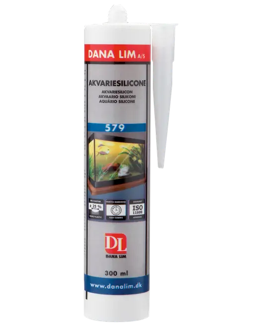 Hvid 300 ml Dana Lim akvariesilikone patron med dyse, mærket 579, til tætning af akvarier.