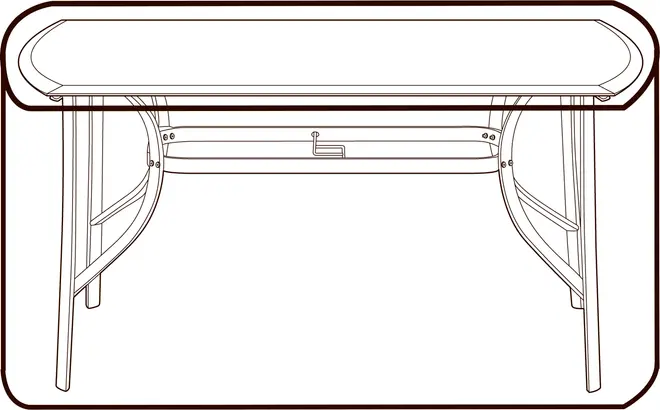 Rektangulärt fällbord med rundade hörn, metallram och stödstänger. Har en central låsmekanism för stabilitet. Passar både inomhus och utomhus, lätt att förvara.