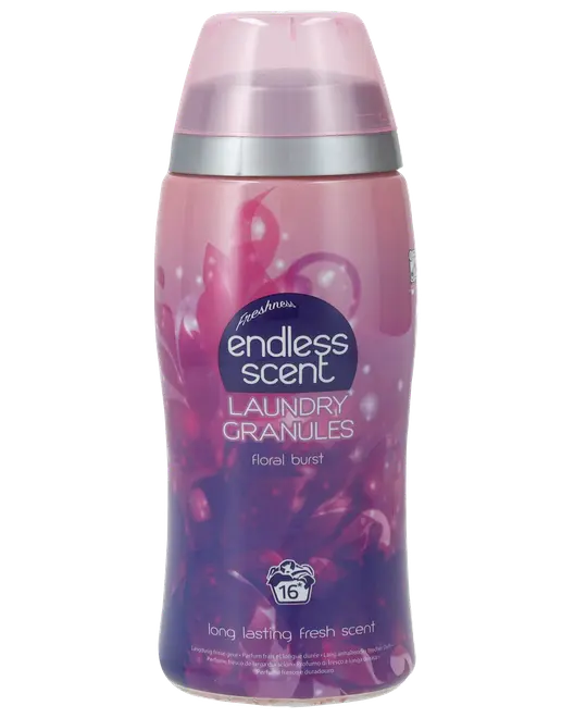 Lyserød Endless Scent vaskekorn-flaske med Floral Burst-duft, langvarig frisk duft og praktisk hældekapsel.