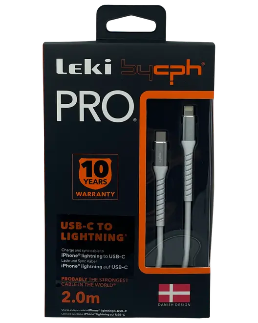 Leki bycph PRO USB-C til Lightning kabel, 2,0 meter, hvid, forstærket design, 10 års garanti, til iPhone opladning og synkronisering, dansk design, detailpakning.
