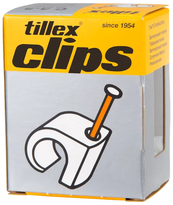 Förpackning med Tillex-klämmor för att fästa kablar eller ledningar. Innehåller vita plastklämmor med integrerade spikar, lämpliga för organisering och montering av kablar.