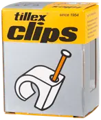 Æske med Tillex clips til fastgørelse af kabler eller ledninger. Indeholder hvide plastclips med integrerede søm, velegnet til organisering og montering af elektriske eller kommunikationskabler.