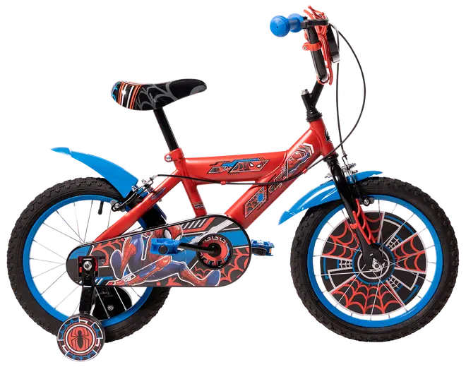 Barncykel med Spider-Man-tema, röd och blå, stödhjul, kedjeskydd, vadderad sadel, 16-tumshjul, stänkskärmar fram och bak samt spindelnätsmönster.