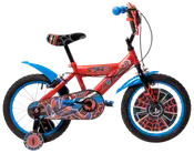 Børnecykel med Spider-Man-tema, rød og blå farver, støttehjul, kædeskærm, polstret sadel, 16-tommer hjul, skærme for og bag samt spindelvævsgrafik.