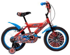 Barncykel med Spider-Man-tema, röd och blå, stödhjul, kedjeskydd, vadderad sadel, 16-tumshjul, stänkskärmar fram och bak samt spindelnätsmönster.