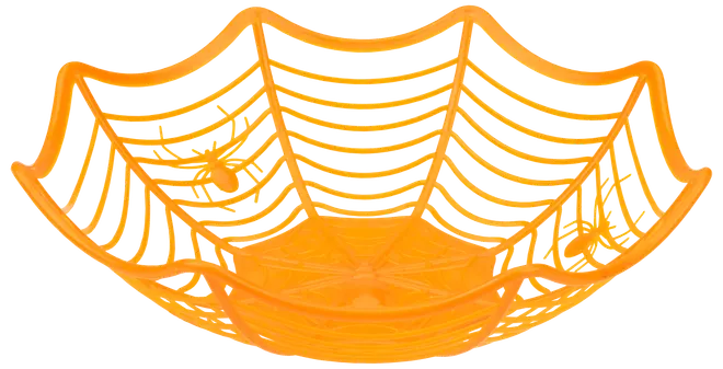 Orange plastskål formad som ett spindelnät med upphöjda spindlar på sidorna. Perfekt för Halloween-godis eller temafester. Lätt och dekorativ.