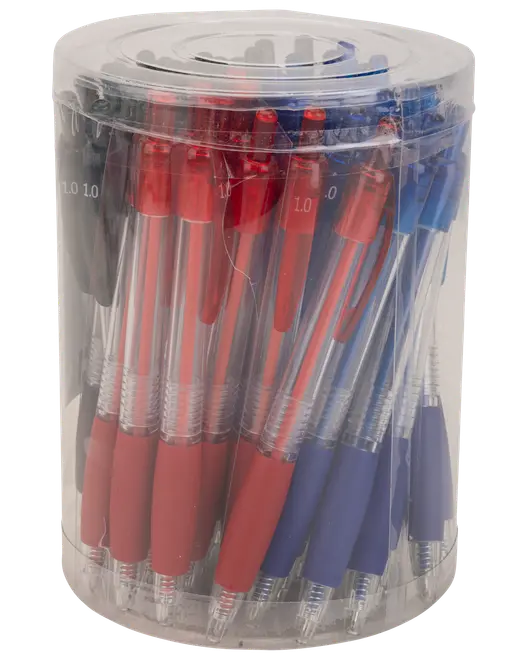 Förpackning med blandade kulspetspennor i genomskinlig plastburk, innehåller svarta, röda och blå pennor med gummigrepp och tryckmekanism, passar för dagligt skrivande.