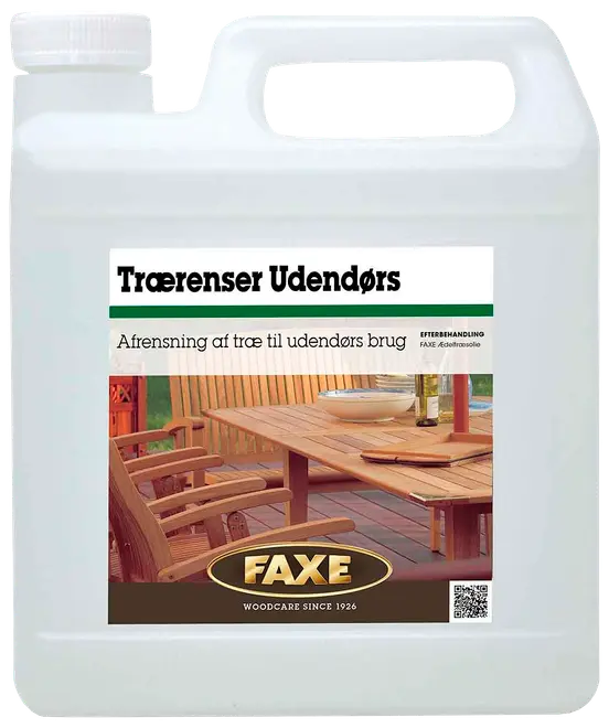 Plastdunk med FAXE Trærens Udendørs, beregnet til rengøring og vedligeholdelse af udendørs træoverflader som havemøbler, terrasser og lignende. Til udendørs brug.