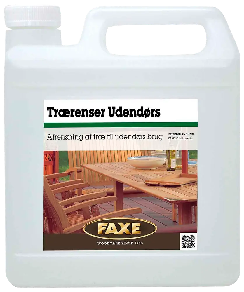 Plastdunk med FAXE Trærens Udendørs, beregnet til rengøring og vedligeholdelse af udendørs træoverflader som havemøbler, terrasser og lignende. Til udendørs brug.