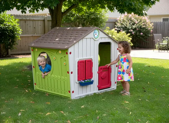 Udendørs legehus i plastik til børn med brunt tag, grønne og hvide vægge, rød dør og skodder, rundt vindue og blomsterkasse. To børn leger ved huset.