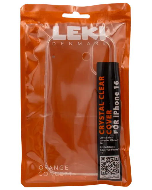 Krystalklart cover til iPhone 16, pakket i orange pose. Slankt, gennemsigtigt design med præcise udskæringer til kamera og knapper. Beskytter uden at skjule telefonens udseende.
