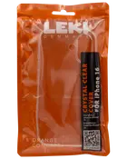 Krystalklart cover til iPhone 16, pakket i orange pose. Slankt, gennemsigtigt design med præcise udskæringer til kamera og knapper. Beskytter uden at skjule telefonens udseende.