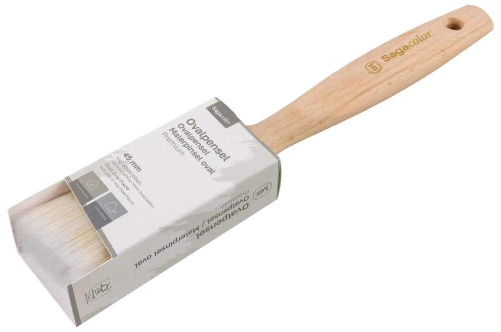 Oval pensel med lyst træskaft, 45 mm bredde, syntetiske børster og beskyttende emballage. Velegnet til maling og lakering. Mærke: SagaColor. Hul til ophæng.