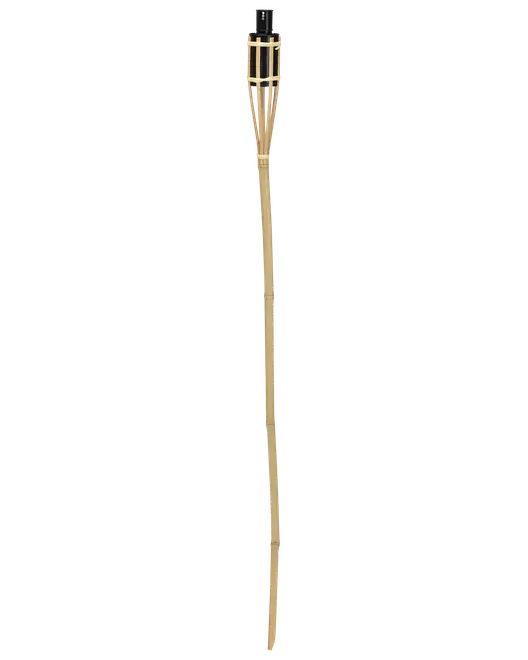 Hög tiki-fackla i bambu med svart topp, flätade stödremmar och långt smalt skaft i naturbambu.