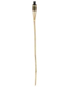 Hög tiki-fackla i bambu med svart topp, flätade stödremmar och långt smalt skaft i naturbambu.