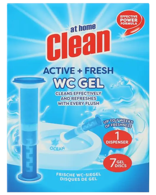 Toiletrens gel-sæt med én dispenser og syv gel-skiver. Giver op til syv ugers friskhed, renser og opfrisker ved hver skylning. Duft: Ocean. Effektiv formel.