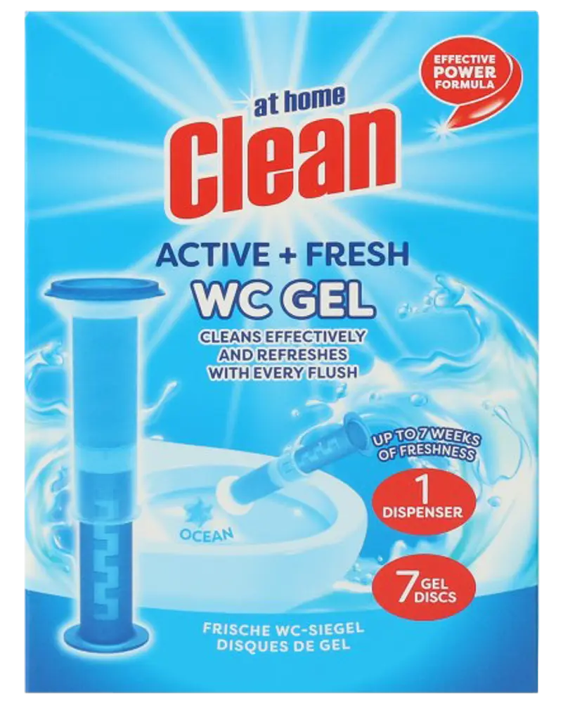 Toiletrens gel-sæt med én dispenser og syv gel-skiver. Giver op til syv ugers friskhed, renser og opfrisker ved hver skylning. Duft: Ocean. Effektiv formel.