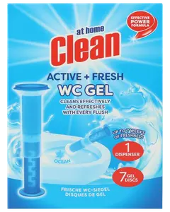 Toiletrens gel-sæt med én dispenser og syv gel-skiver. Giver op til syv ugers friskhed, renser og opfrisker ved hver skylning. Duft: Ocean. Effektiv formel.