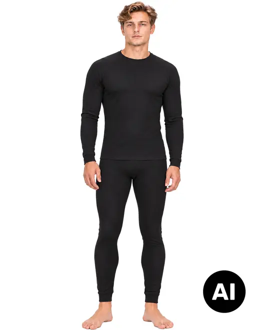 Sortt herre-thermosæt med langærmet trøje og lange leggings, vist på en mandlig model. - Billedet er skabt med AI