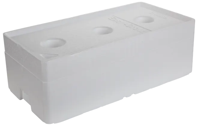 Rektangulær hvid flamingokasse med tre runde fordybninger på toppen, designet til isolering og sikker transport af temperaturfølsomme varer som mad eller medicin.