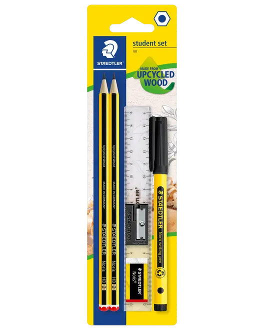 Staedtler studentset med två HB-blyertspennor, linjal, svart penna, vässare och suddgummi. Tillverkat av återvunnet trä. Perfekt för skola och kontor.