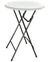 Runt fällbart bord med vit plastskiva och svarta metallben. Lätt, portabel och passar både inomhus och utomhus. Enkel att förvara.