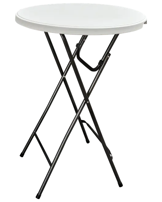 Runt fällbart bord med vit plastskiva och svarta metallben. Lätt, portabel och passar både inomhus och utomhus. Enkel att förvara.